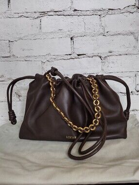 Loewe Dark Brown Leather Flamenco with Gold Chain